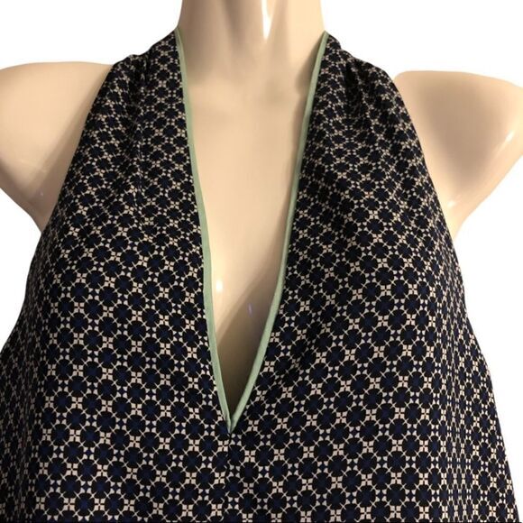 Vince Camuto fully lined navy print contrast teal neckline keyhole back Size M - Picture 2 of 6